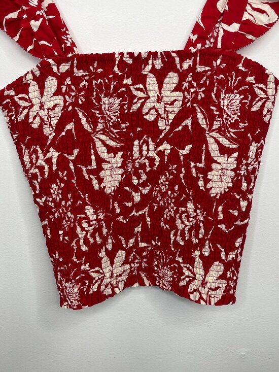 Old Navy Smocked Floral Crop Top Red Cream Size L Tall Boho Cottagecore - Picture 8 of 10